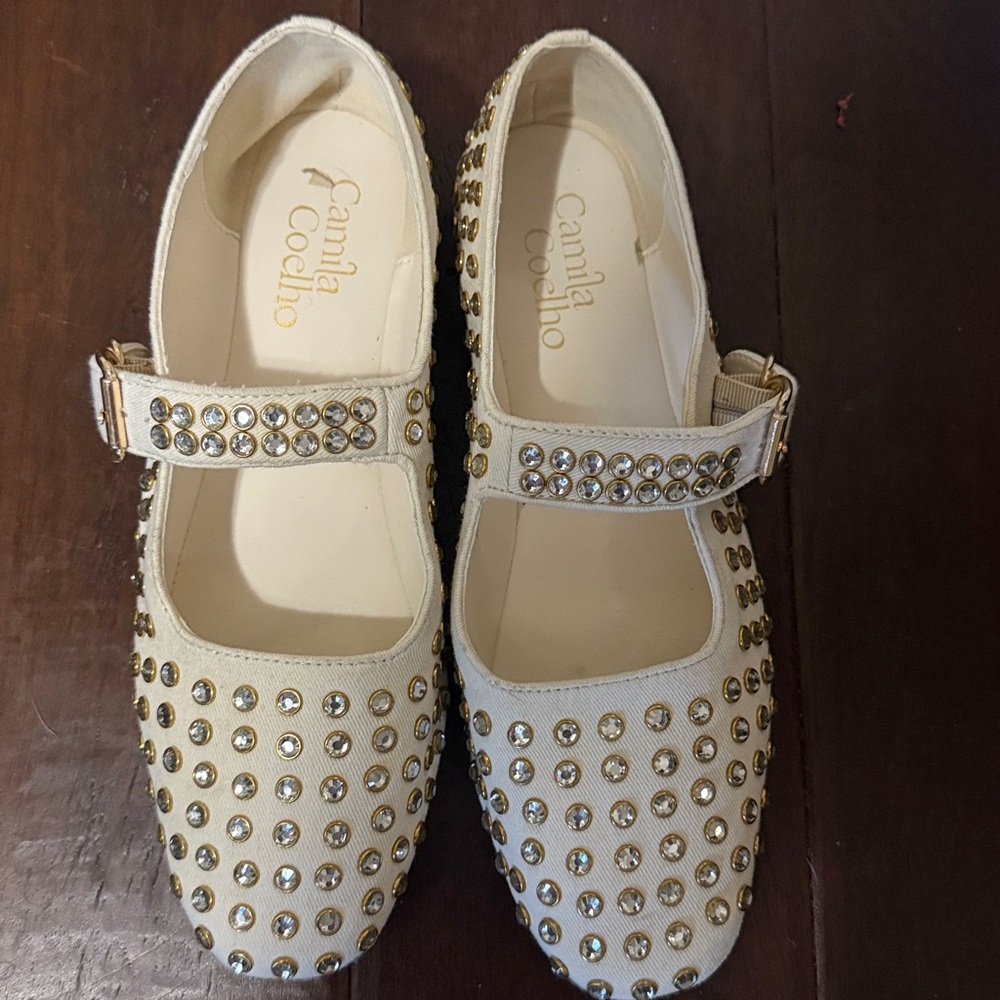 Camila Coelho Ivory Studded Mary Jane Flats with Gold Accents